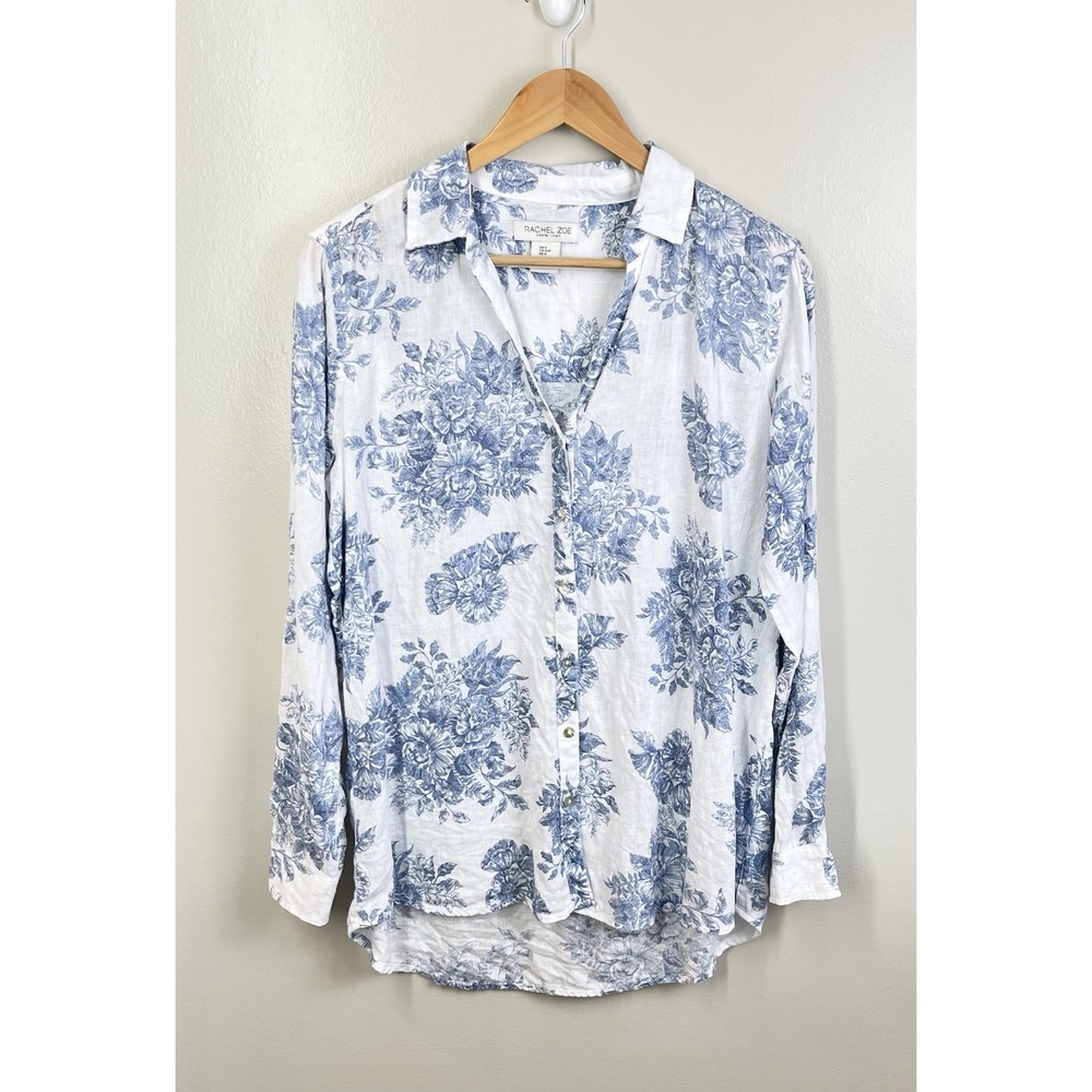 Rachel Zoe 100% Linen Blouse Blue White Floral Button Up Long Sleeve S Coastal